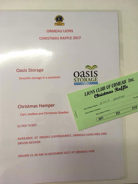 Oasis Storage ormeau sponsorship of lions ormeau christmas raffle for storage in containers